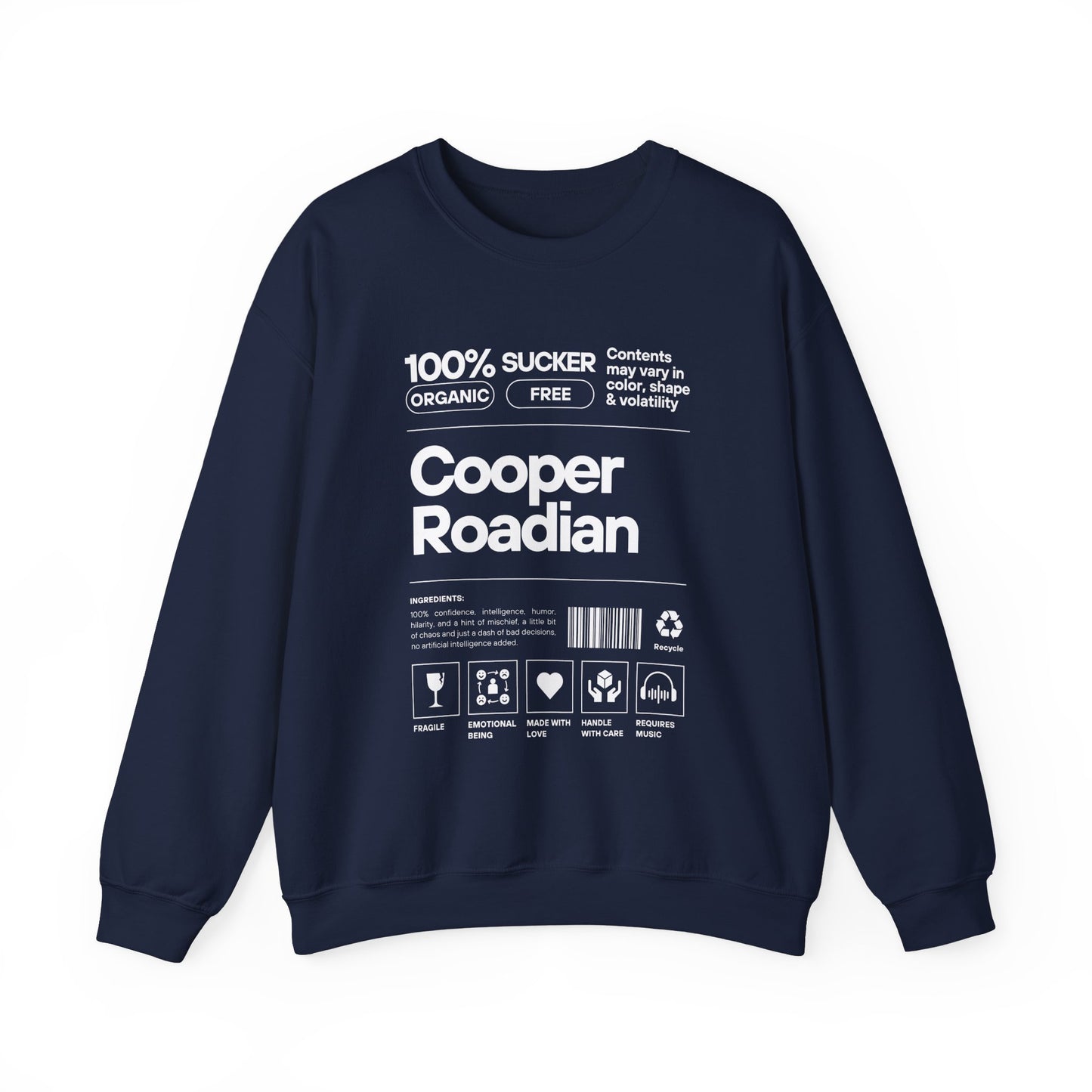 navy Blue Cooper Road sweater with label and instructions Shreveport neighborhood MLK Hustle Monster