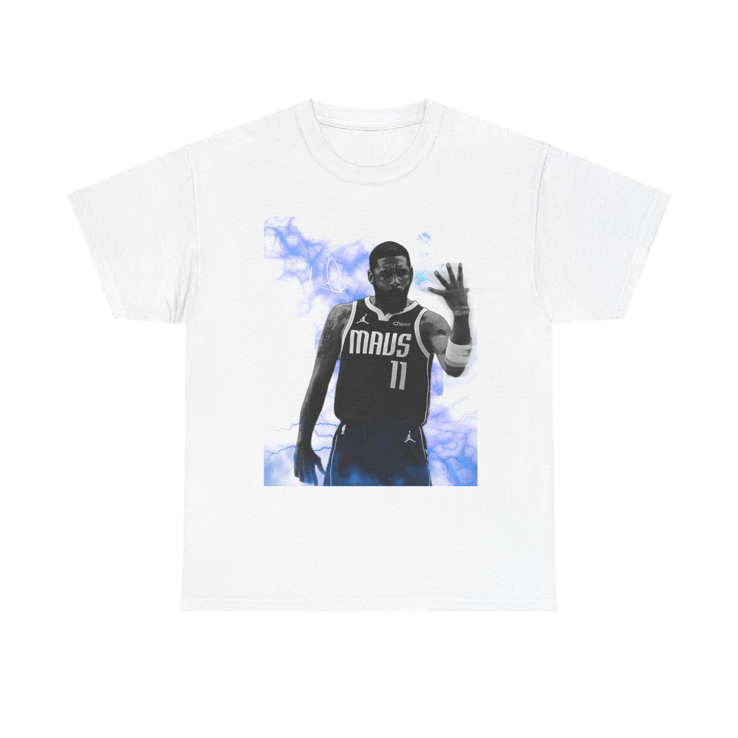 Cheap white Kyrie Irving shirt in Dallas Mavs jersey with autograph and blue lighting and smoke nba games