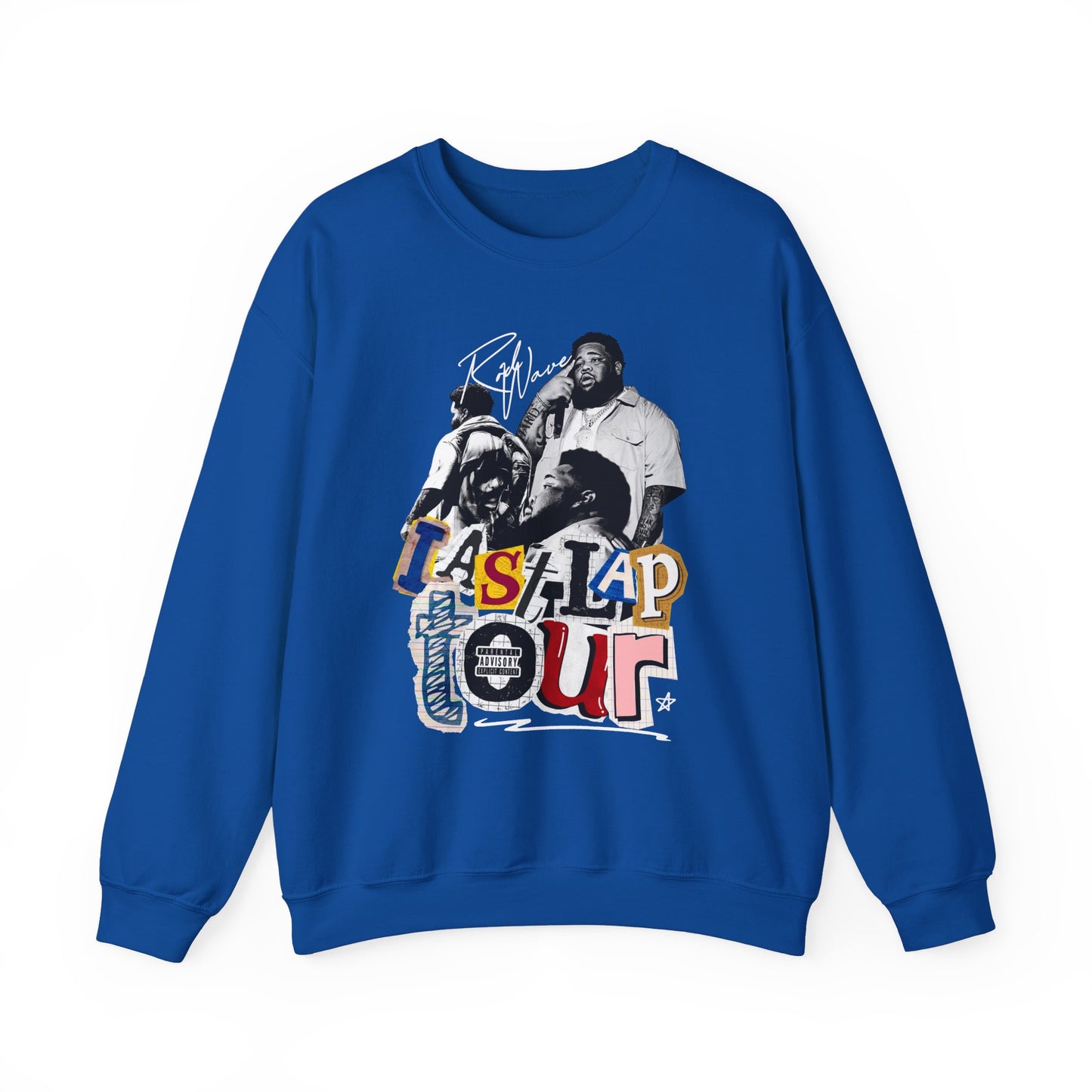 Royal blue Rod Wave Last Lap Tour sweatshirt with autograph