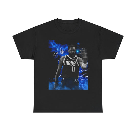 Cheap black Kyrie Irving shirt in Dallas Mavs jersey with autograph and blue lighting and smoke nba games