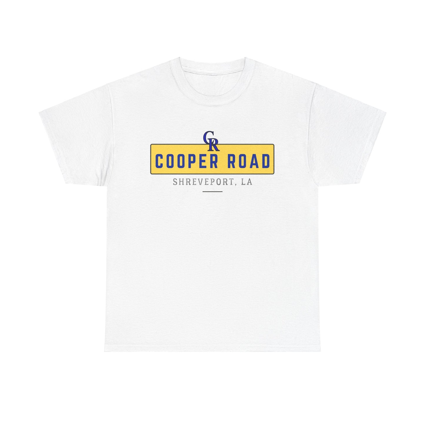 White Cooper Road shirt with blue/gold insignia designed by Hustle Monster of Shreveport Louisiana