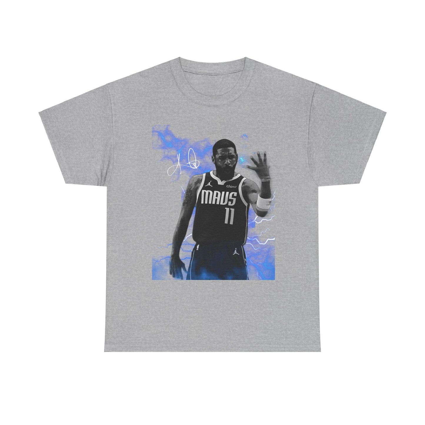 Cheap grey Kyrie Irving shirt in Dallas Mavs jersey with autograph and blue lighting and smoke nba games