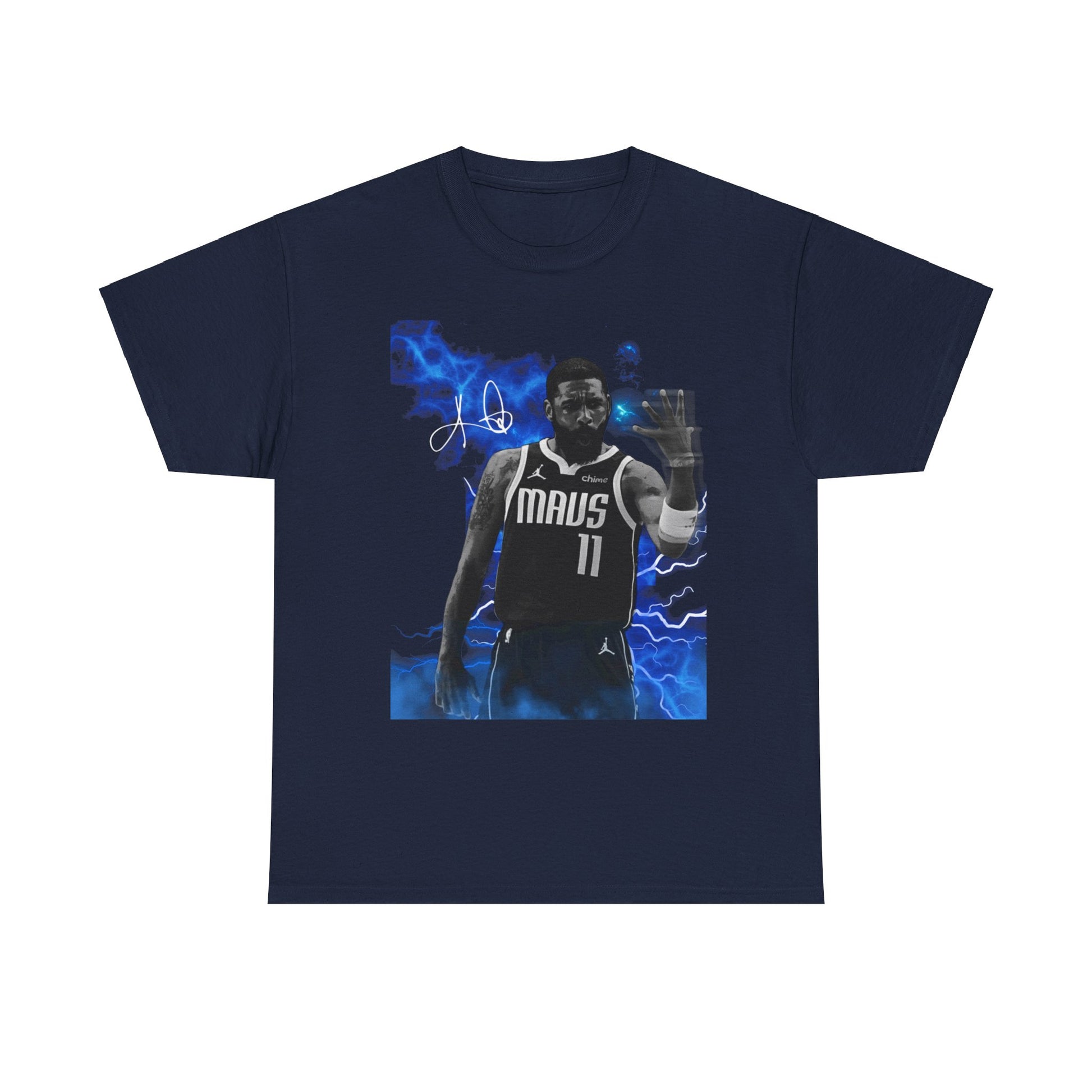 Cheap navy blue Kyrie Irving shirt in Dallas Mavs jersey with autograph and blue lighting and smoke nba games