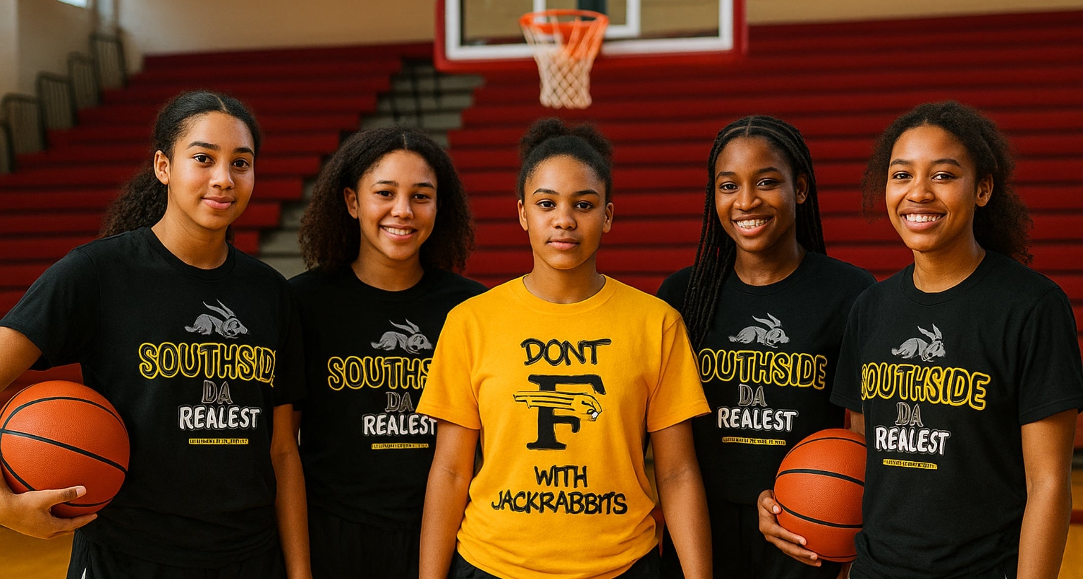 Five young women in basketball uniforms standing on a court with a basketball hoop in the background.